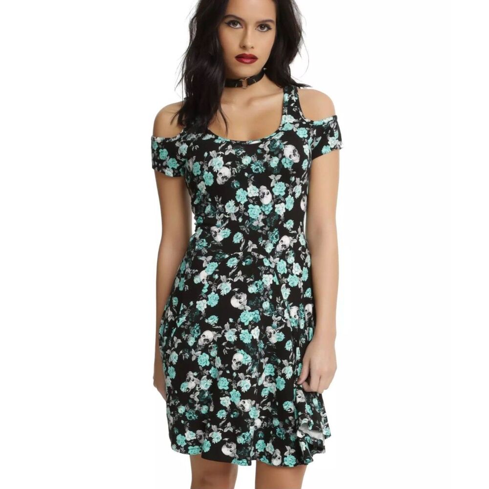 Hot Topic Skull Dress M Black Teal Floral Sugar Skull Cold Shoulder Skater Rare
